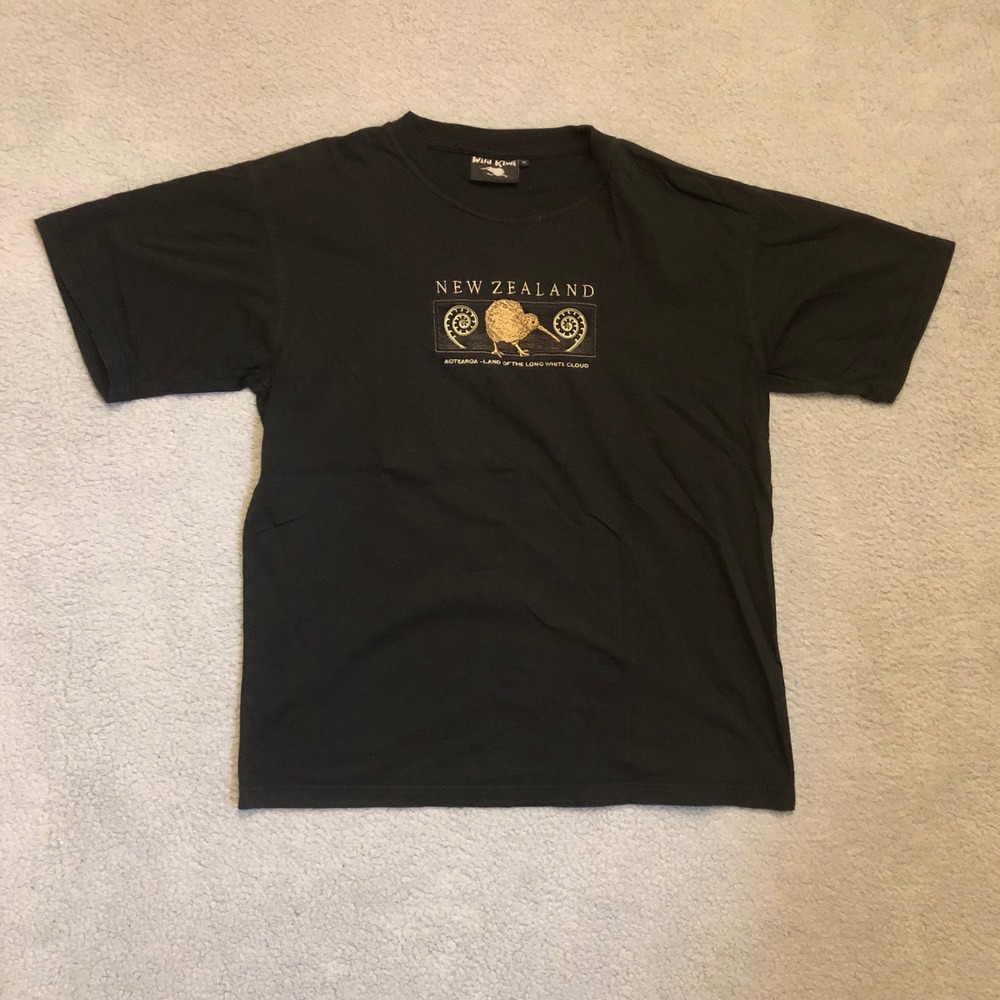 VTG Wild Kiwi‎ New Zealand Embroidered T-Shirt Black XL Souvenir Cotton Tee